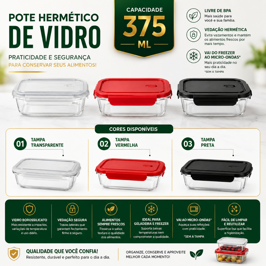 Pote Hermético Vidro 375ml Marmita Tampa Trava 1/2/3/4 Porta Alimentos Cozinha Freezer Micro-ondas