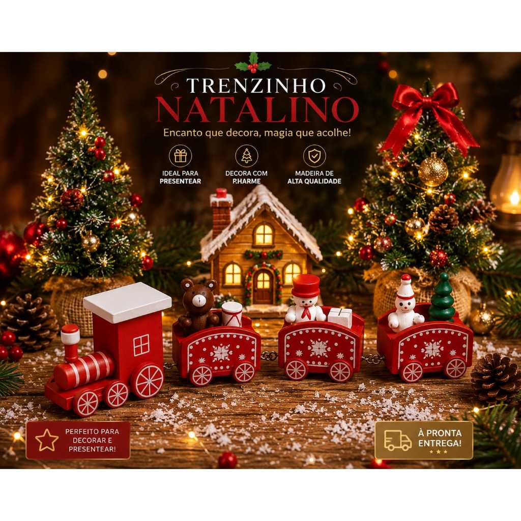 Trem de Madeira Decorativo de Natal – 20cm  Decoração Natalina Charmosa