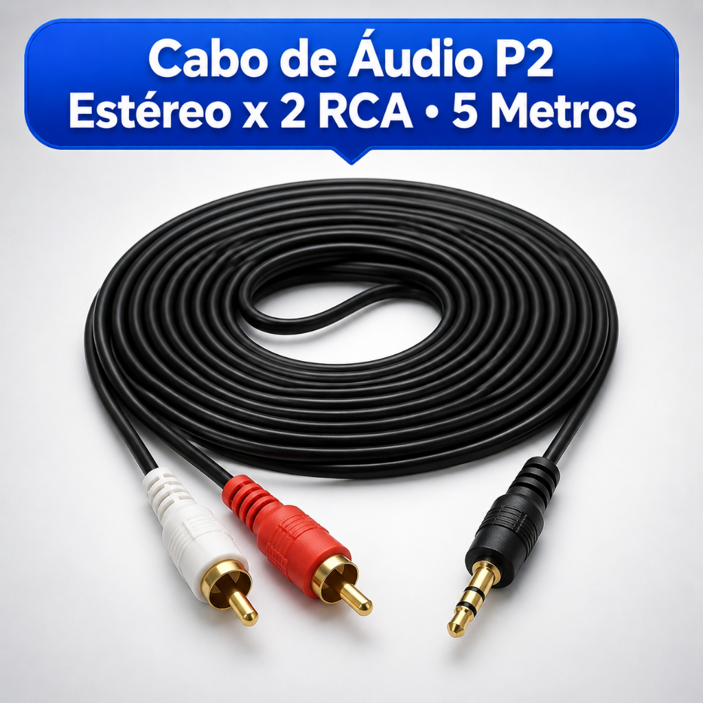 Cabo de Áudio Auxiliar P2 3,5mm Macho x 2 RCA Macho Estéreo 5 Metros TV Som Home Theater Caixa Amplificador Notebook PC