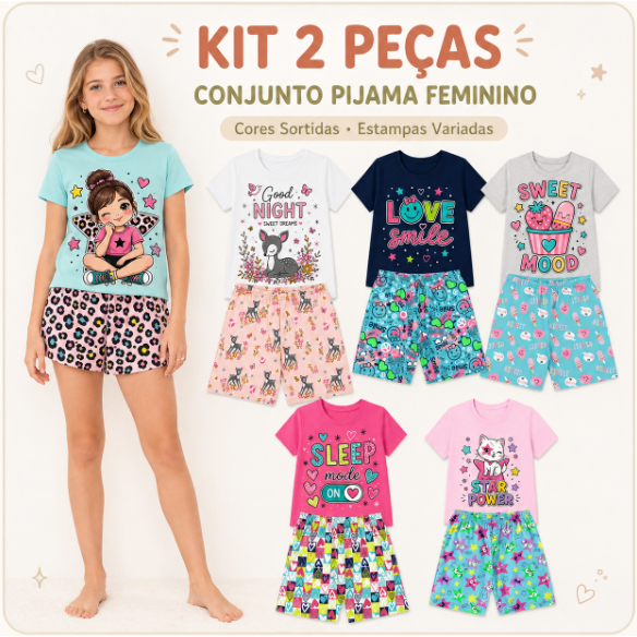 Kit Sortido de 2 Peças de Pijamas Feminino Roupa Infantil Menina Verão Tam 1 ao 14 Brilha no Escuro