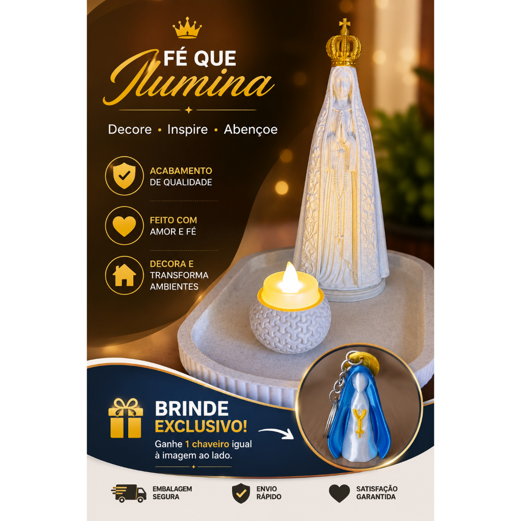Nossa Senhora Aparecida Imagem de Fé com Bandeja, Vela LED e Chaveiro Brinde em PLA Mármore 3D 3 Kit