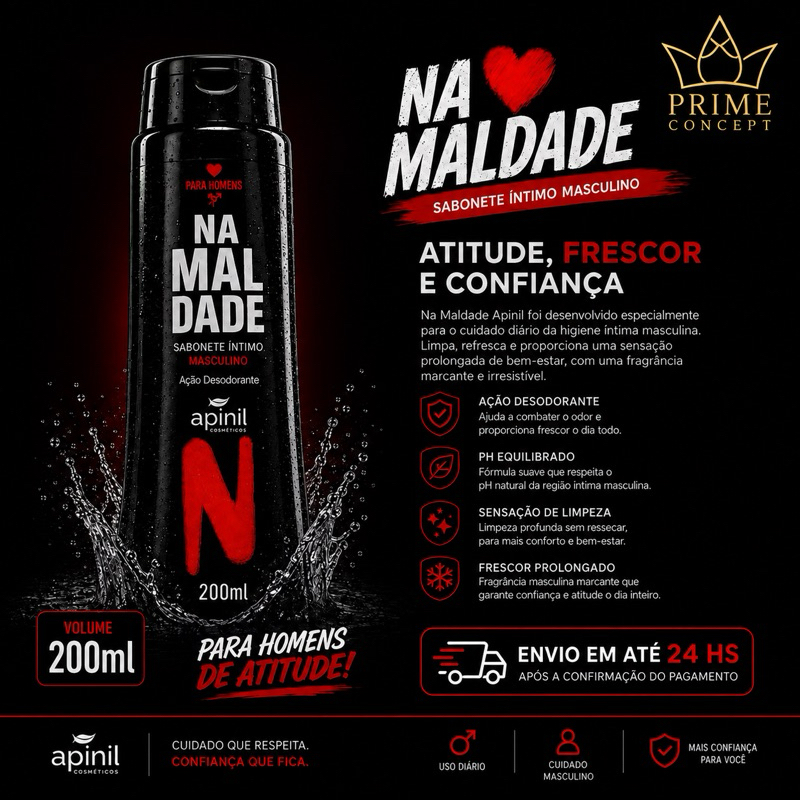 Sabonete Íntimo Masculino Na Maldade 200ml Apinil Fragrância Marcante Ação Refrescante Original