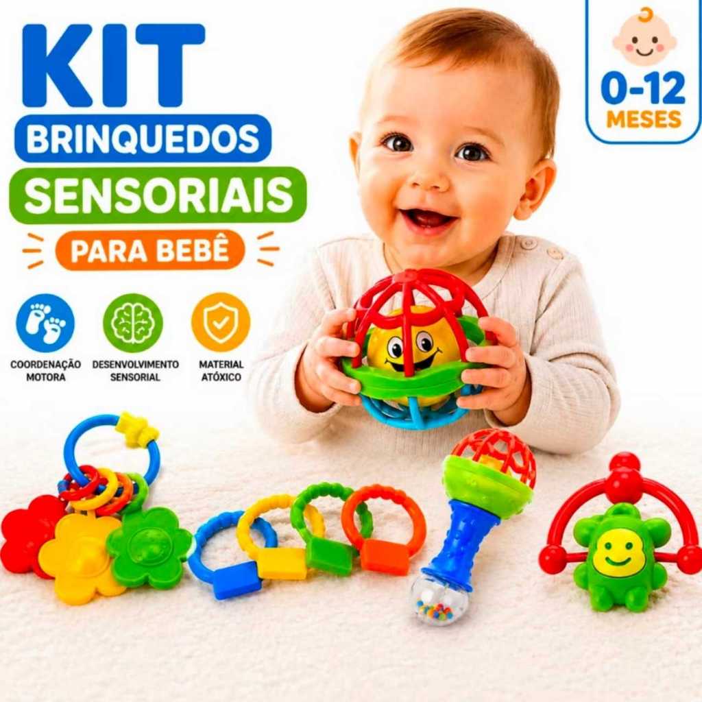 Kit Chocalho 8 Peças Mordedor Brinquedo Sensorial Macio Presente para Menina e Menino