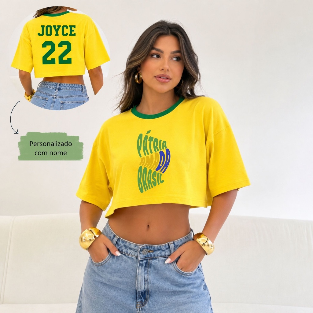Cropped Oversized Brasil 22 Feminino 100% Algodão Manga Larga Blusa Estilo Streetwear