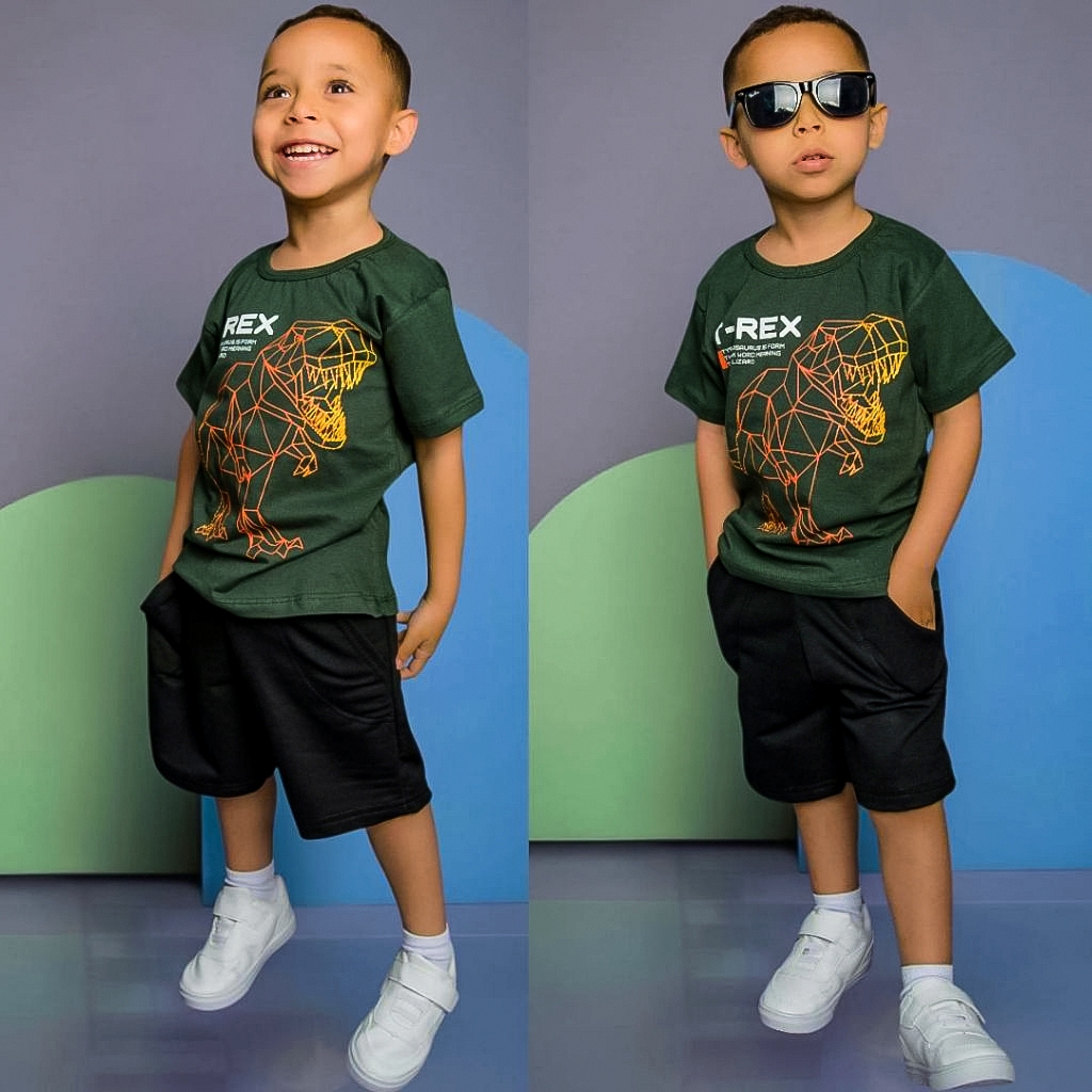 Conjunto Infantil Menino Juvenil Verão Estiloso bermuda e Blusa 100% algodão Veste Do 2 até 12 anos