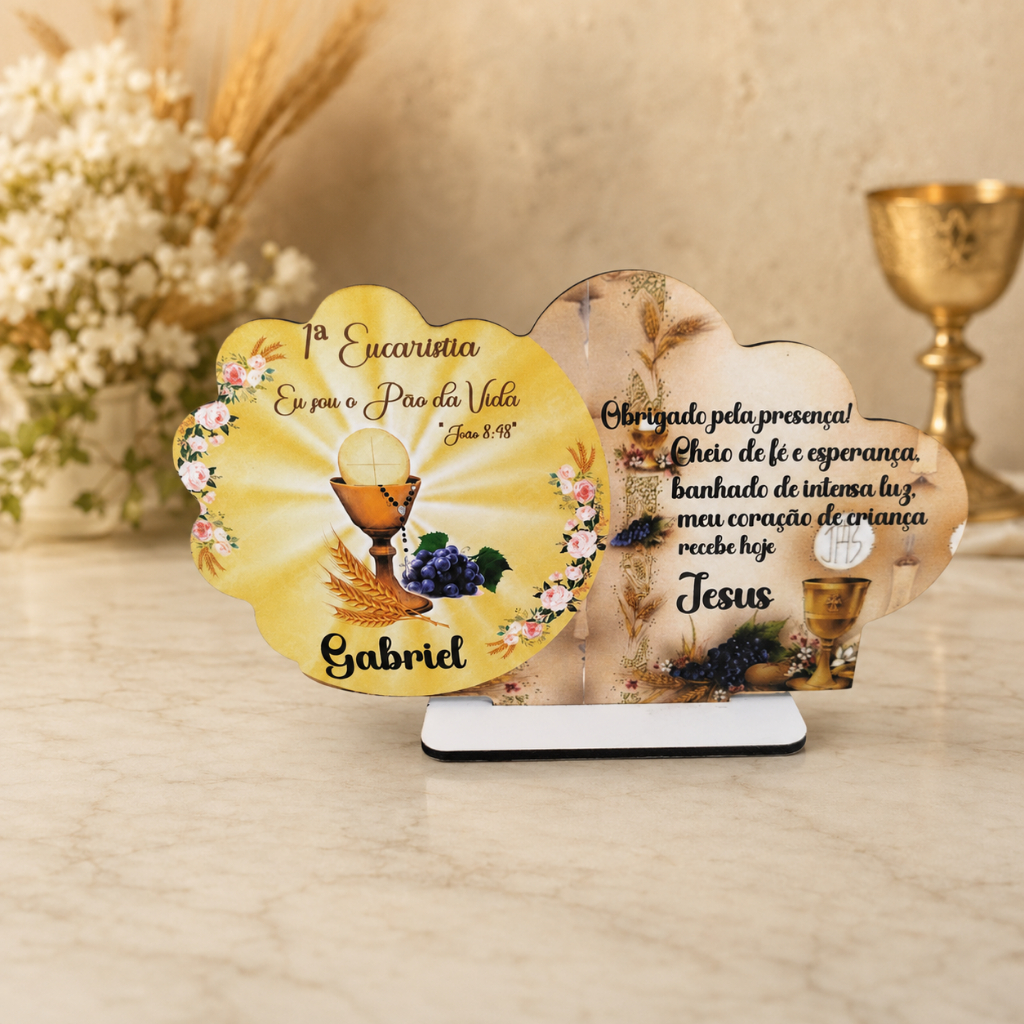 Centro de Mesa Personalizado em MDF Eucaristia Primeira Comunhão – Lembrancinha Decoração