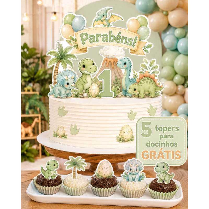 Topo de bolo dinossauro baby personalizado delicado candy aquarela ideal para aniversário chá de Bebê mesversário