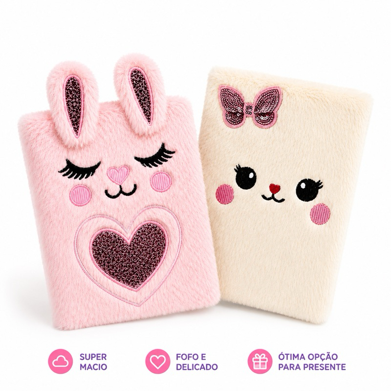 Caderno Pelúcia Fofo Kawaii A5 76 Folhas Capa Macia Escolar Diário Menina Papelaria