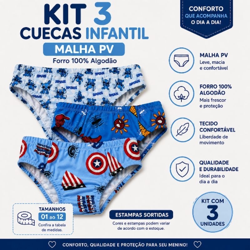 Kit 3 Cuecas Infantil Menino Malha PV Forro 100% Algodão Estampas Sortidas Tamanhos 01 ao 12