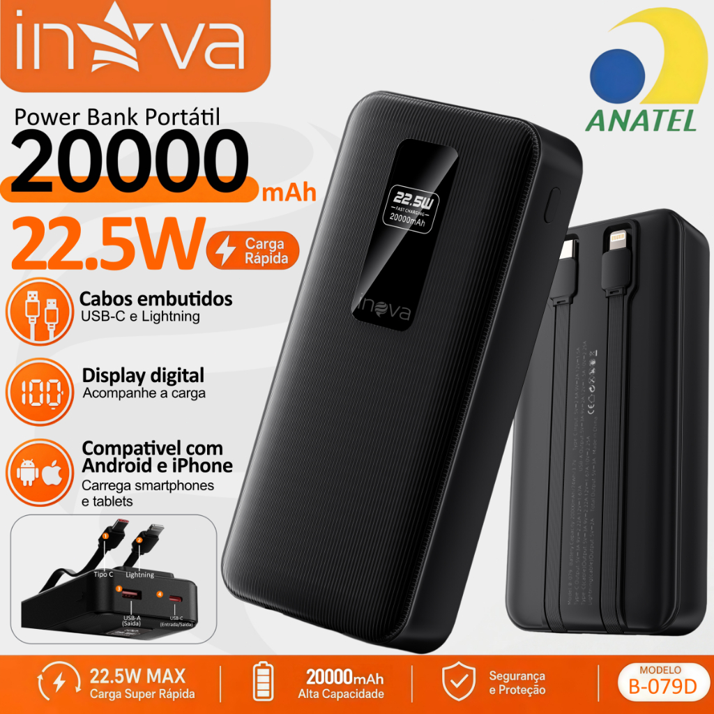 INOVA Power Bank Universal 10000/20000mAh Display LED Carga Rápida 22.5W Portátil Compatível iPhone Android