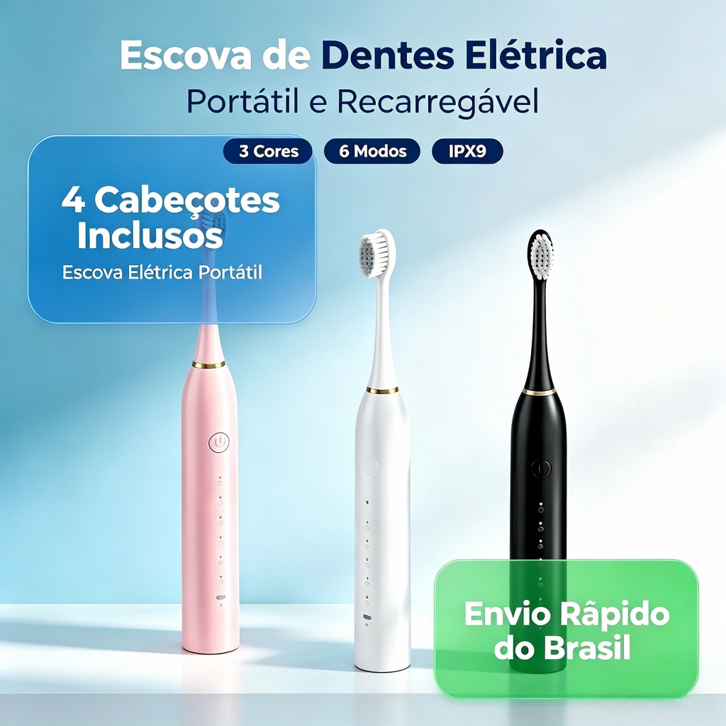 Escova Elétrica de Dente Portátil Recarregável com 4 Cabeçotes Macia, Ultrassônica para Viagem — Electric Toothbrush