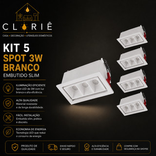 Kit Com 5 Spot 3W Branco Embutido Slim Spot Retangular Minimalista Led Downlight Linear Spot Linear Foco