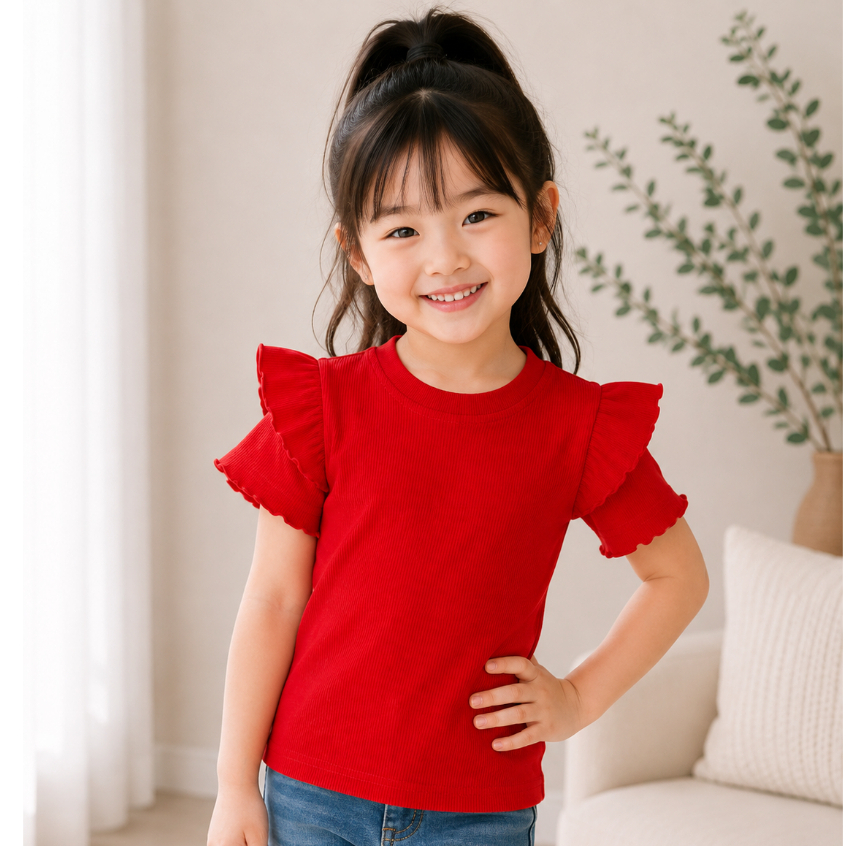 Blusa Infantil Feminina Ribana Canelada Manga Curta com Babado nos ombros do tamanho 4 ao 12