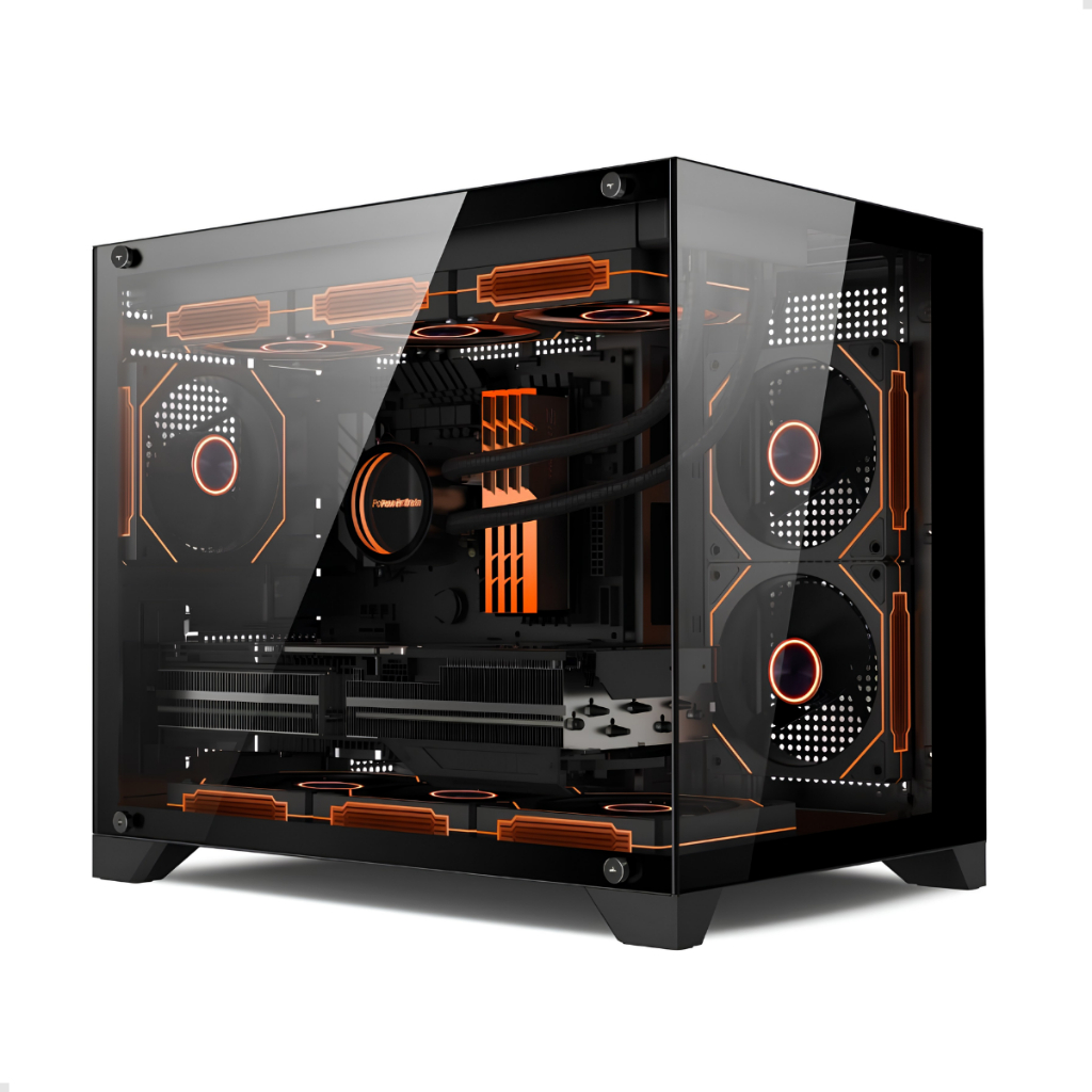 Gabinete Gamer Aquário Hayom Espaçoso Mid Tower Micro-ATX Preto suporte até 9 fans Lateral de Vidro
