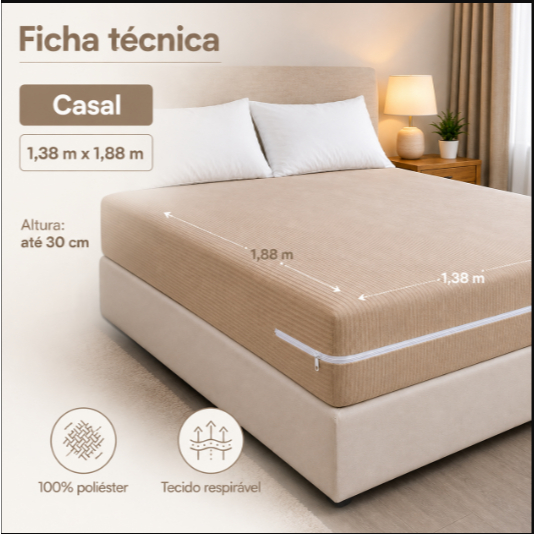 Capa Colchão Casal Protetora Malha Canelada Com Zíper Grande Bege Liso 1,38m X 1,88m — imagem 2 de 2
