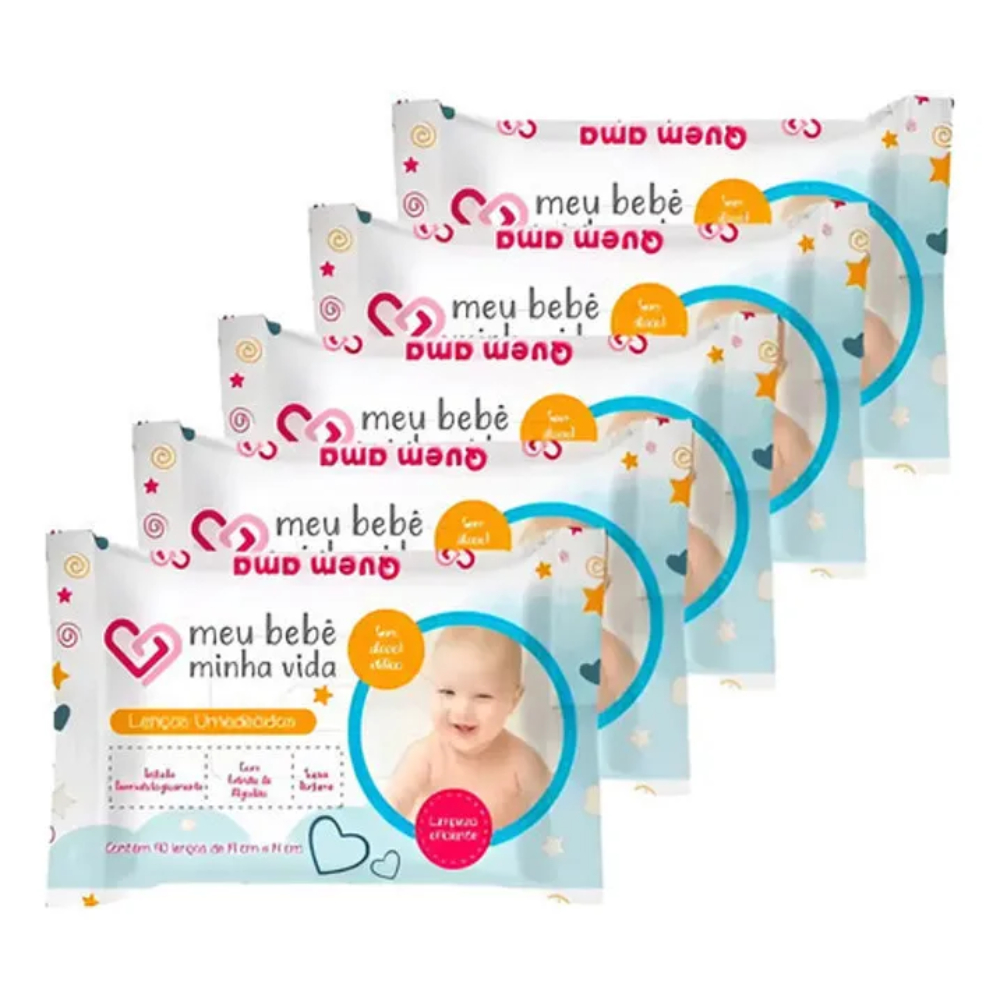 Kit 05 Pacotes Lenços Umedecidos Meu Bebê Minha Vida 90 Unidades - Nutriex