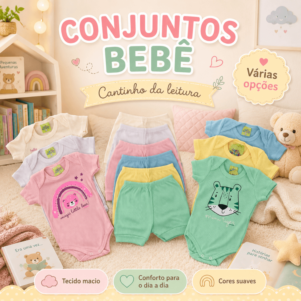 Kit Conjunto de Body Estampado + Short em Ribana Canelada - Menino/Menina - P/M/G