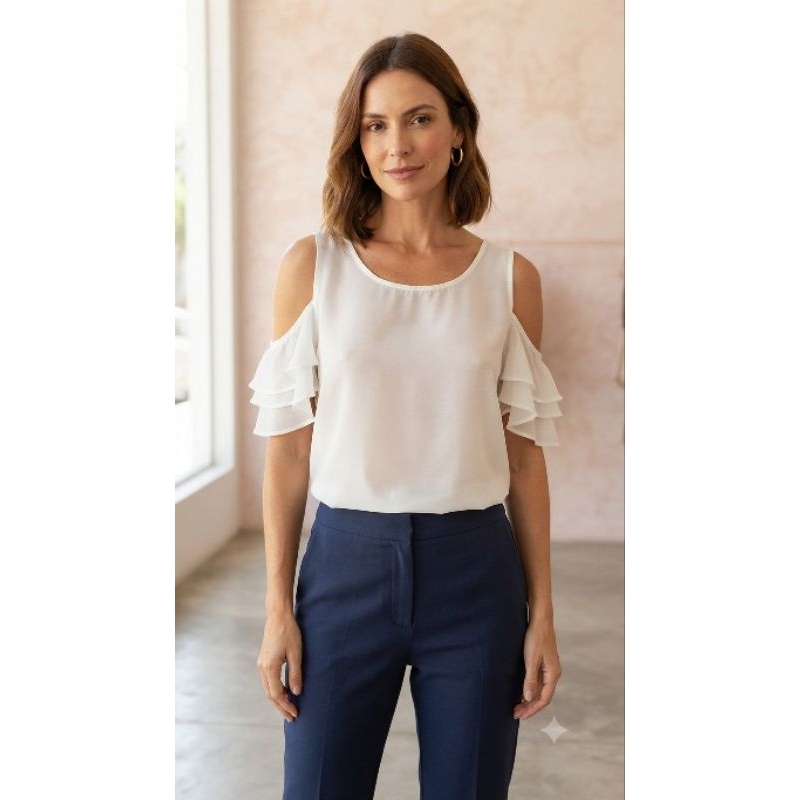 BRECHO Blusa Branca Feminina Voal com Babado na Manga Tamanho M