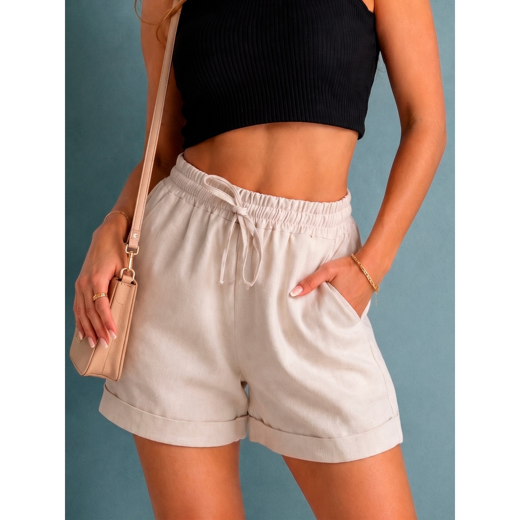Shorts Feminino Linho Cintura Alta Viscolinho Casual Com Elástico Alfaiataria Bolso Lateral Confortável