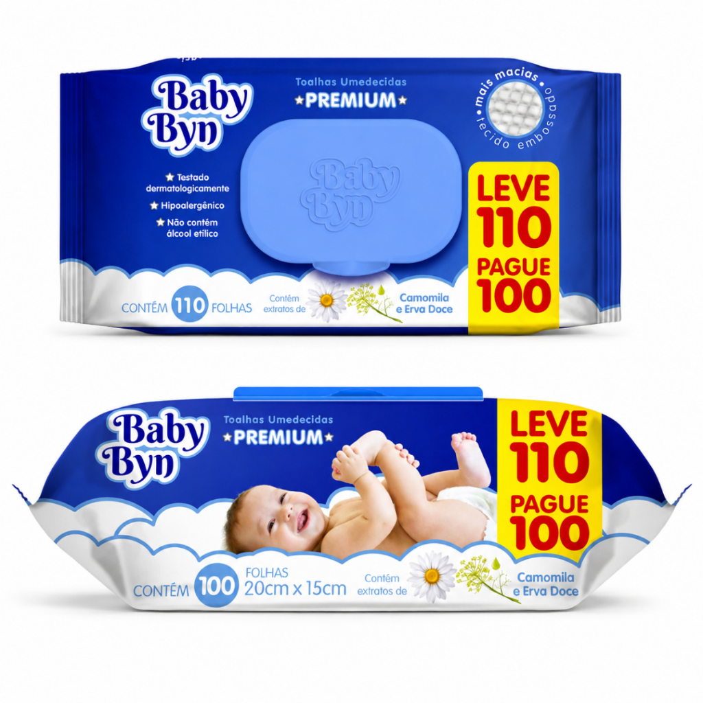Kit Pacote Lenço Umedecido Hipoalergênico Toalhinha Higiene Bebê Toalha Textura Macia com 110 Folhas Baby Byn Premium