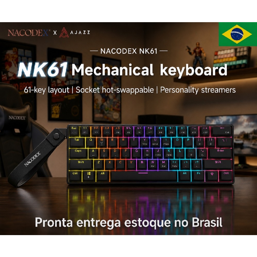 Teclado mêcanico Gamer Ajazz nk61 60% com fio rgb switch vermelho Pronta entrega ,Produto no Brasil