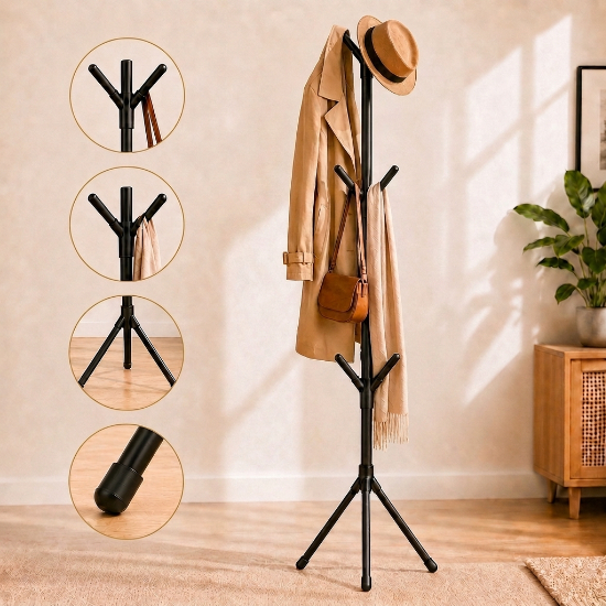 Cabideiro Mancebo de Chão 9 Ganchos 163cm Arara Organizadora Desmontável Roupa Chapéu Casaco Blusa Itens Leves