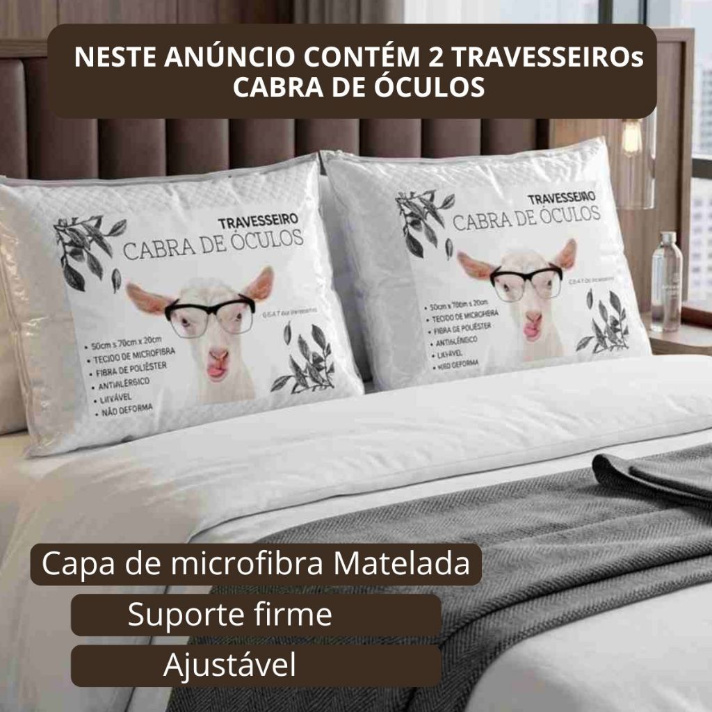 Kit 2 Travesseiros Macios Fibra de Silicone Antialérgica Cabra De Óculos 50x70cm Lavável em Maquina