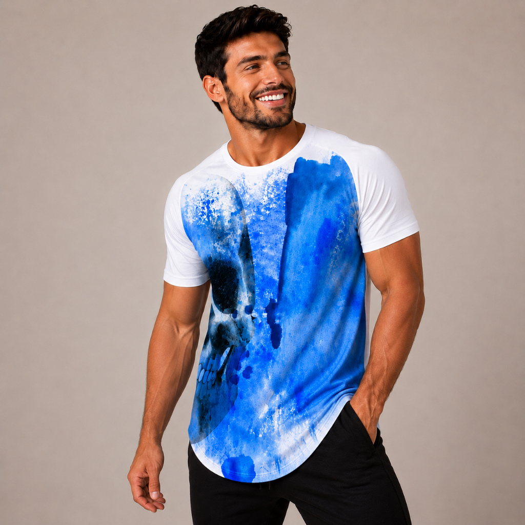 Camiseta Masculina Longline Estampada Caveira Azul Premium Poliéster com Elastano Confortável