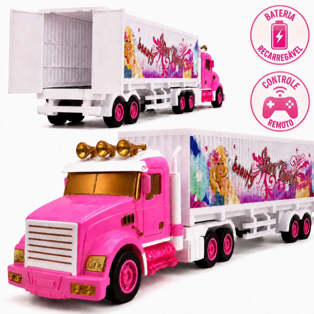 Caminhão De Controle Remoto Bau Rosa Com Luzes Rosa