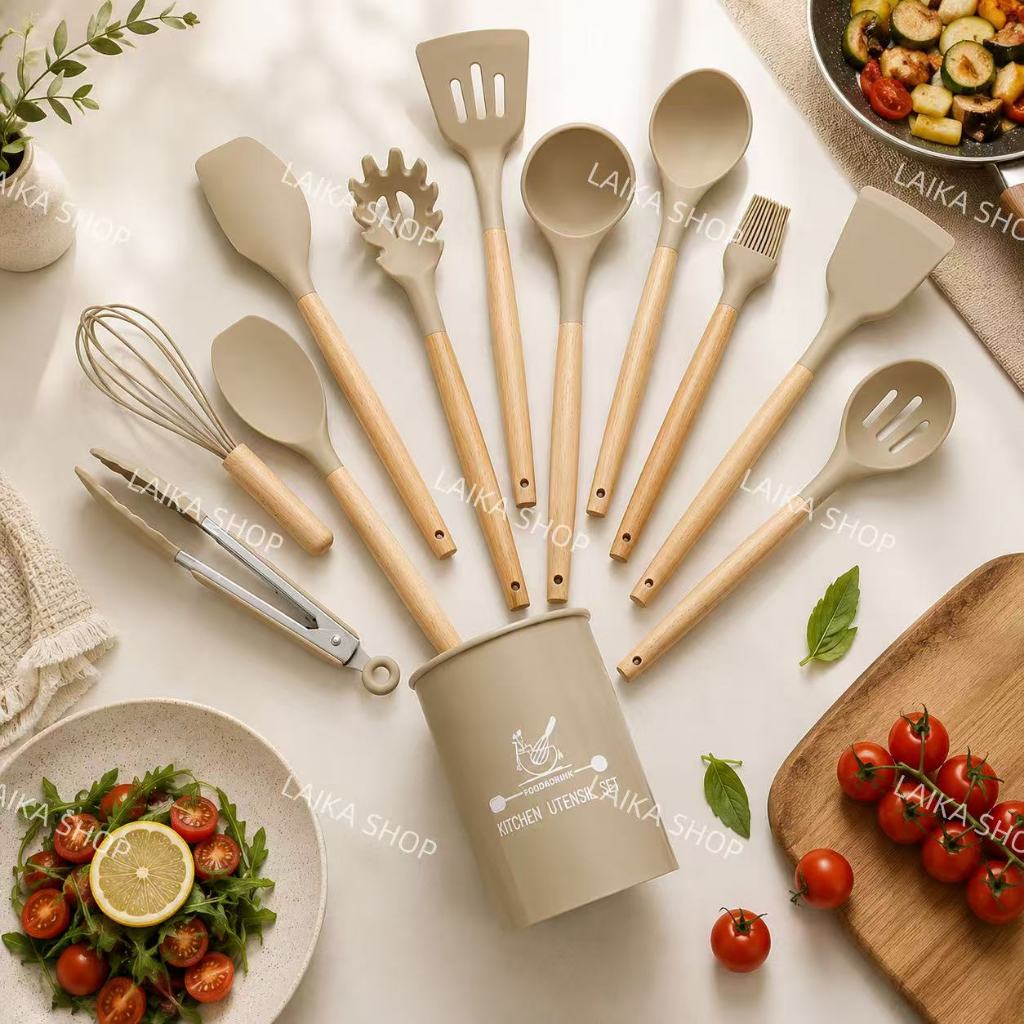 Jogo de Cozinha Silicone Utensílios kit 12 Peças Silicone com Suporte Cabo de Madeira Antiaderente