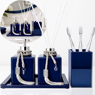 Kit Banheiro Luxo Cubo 250ml com Saboneteira Aromatizador Porta Escovas e Bandeja Sofisticado