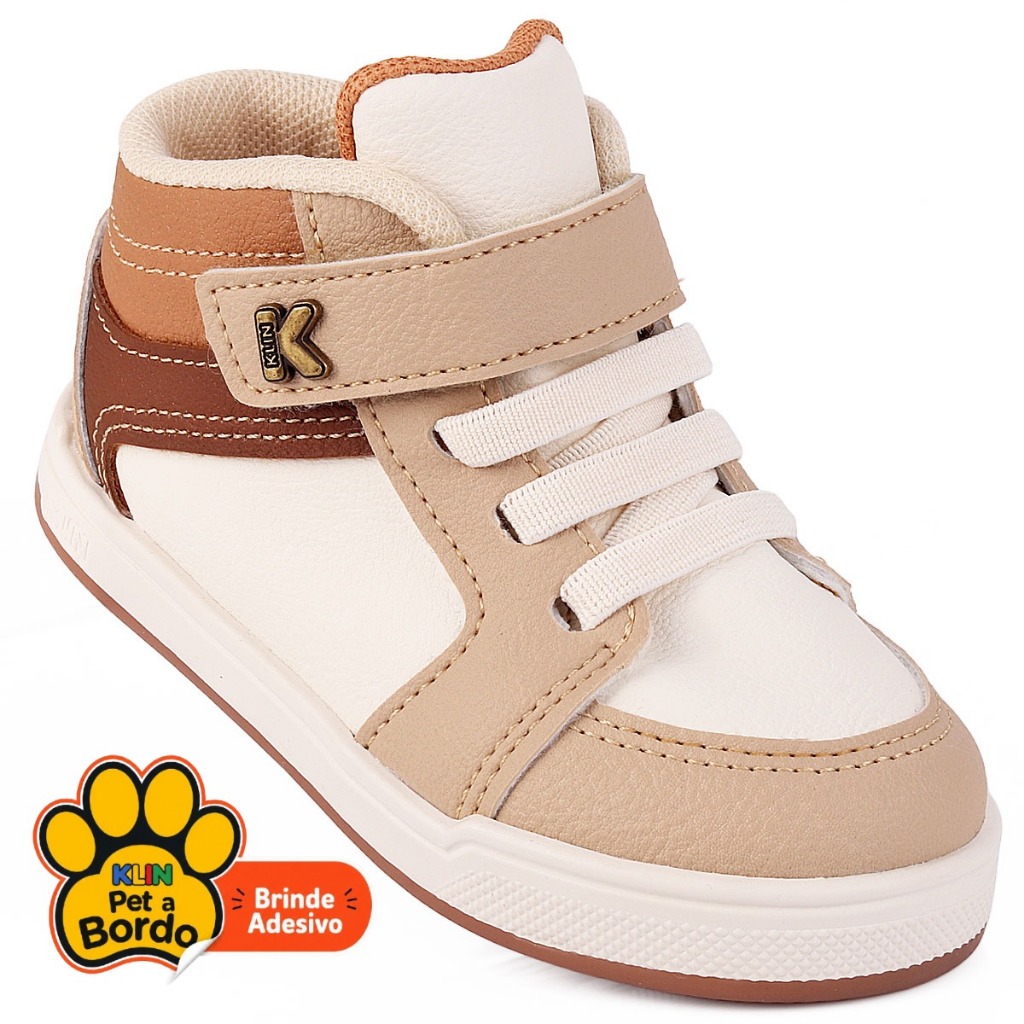Tênis Infantil Bebê Menino Klin Original Flyer Bege com Velcro e Elástico Cano Médio