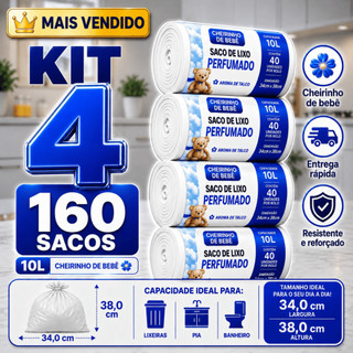 Kit 4 Sacos de Lixo 10L Perfumado Talco Pia Banheiro Netraliza Mau Cheiro 160 Unidades Cheiroso Bebe