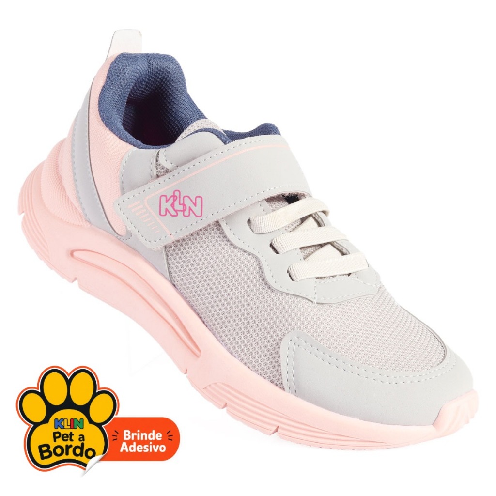 Tênis Infantil Menina Klin New Sport Original Esportivo Escolar Anatômico Calce Fácil Cinza e Rosa