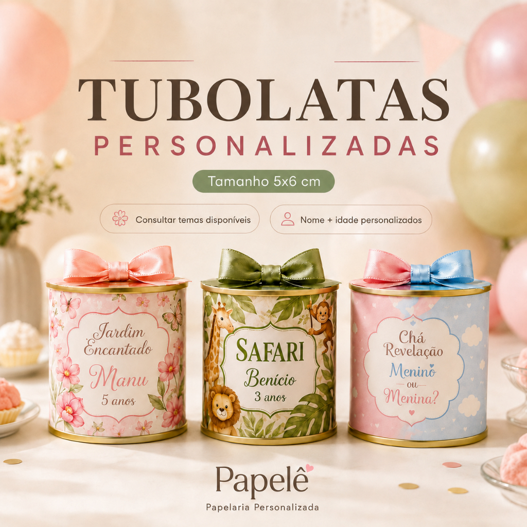 Kit com 10,20 ou 30 Tubolatas Personalizadas 5x6 lembrancinha festa infantil aniversario chá revelação