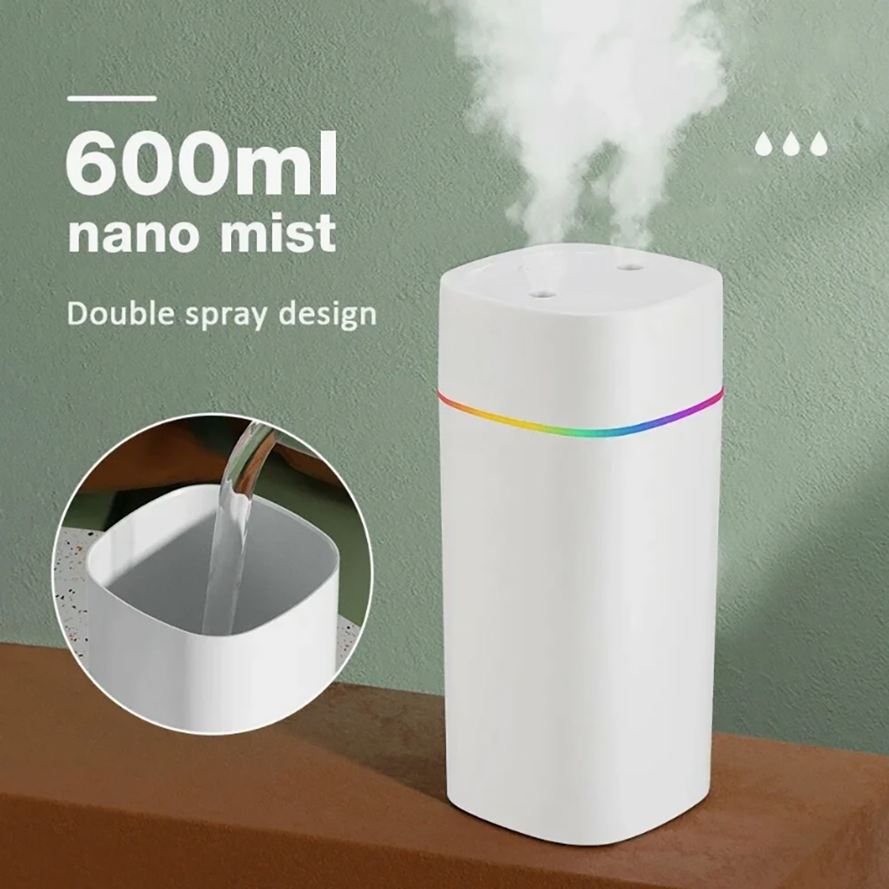 Umidificador De Ar E Aromatizador Com 2 Saídas De Ar E Led 600ml 3 Em 1 Ultrassônico USB Para Quarto