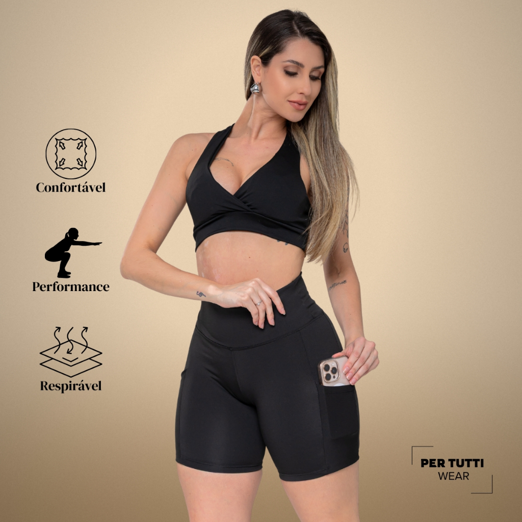 Shorts Legging Feminino Curto Cintura Alta Com Bolso Lateral Academia Fitness
