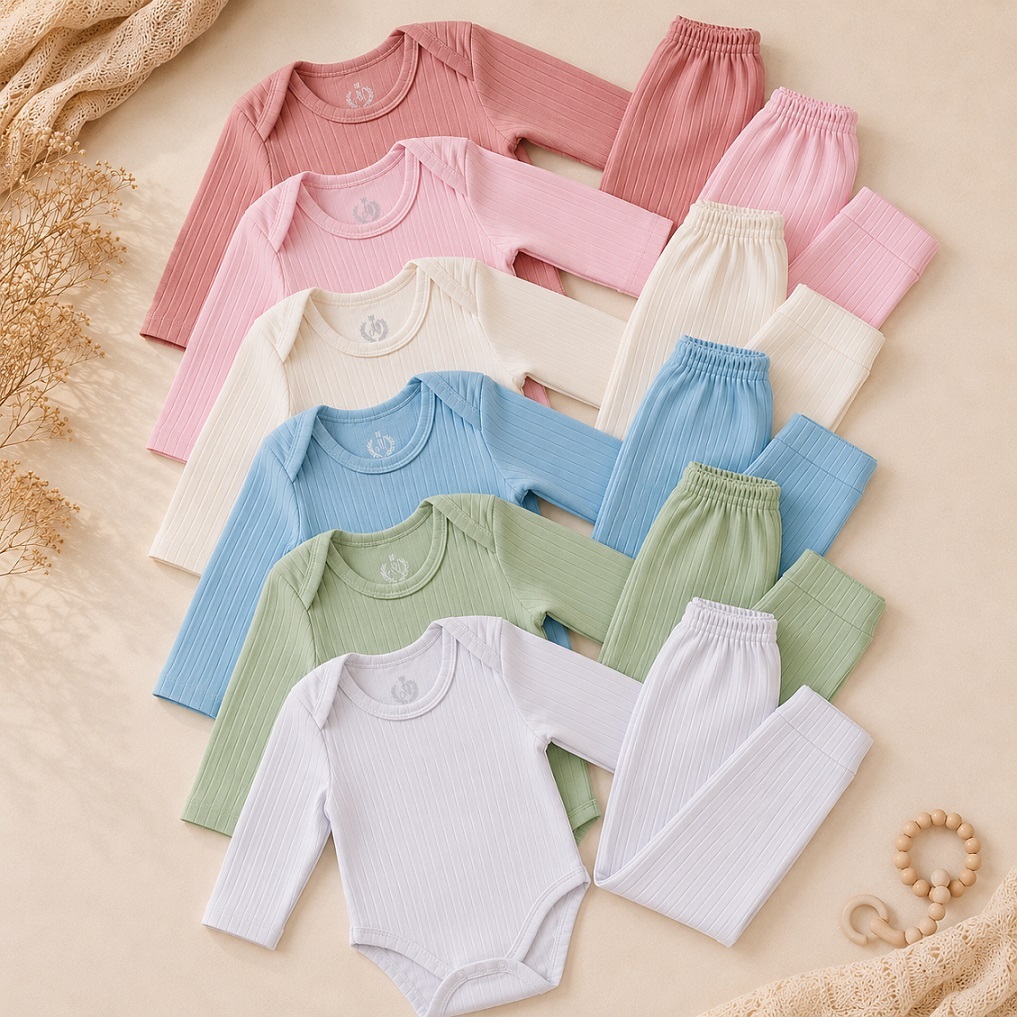 Kit 8 Peças Bebê Meia Estação 100% Algodão Confortável Canelado Premium Body Manga Longa e Calça RN ao G