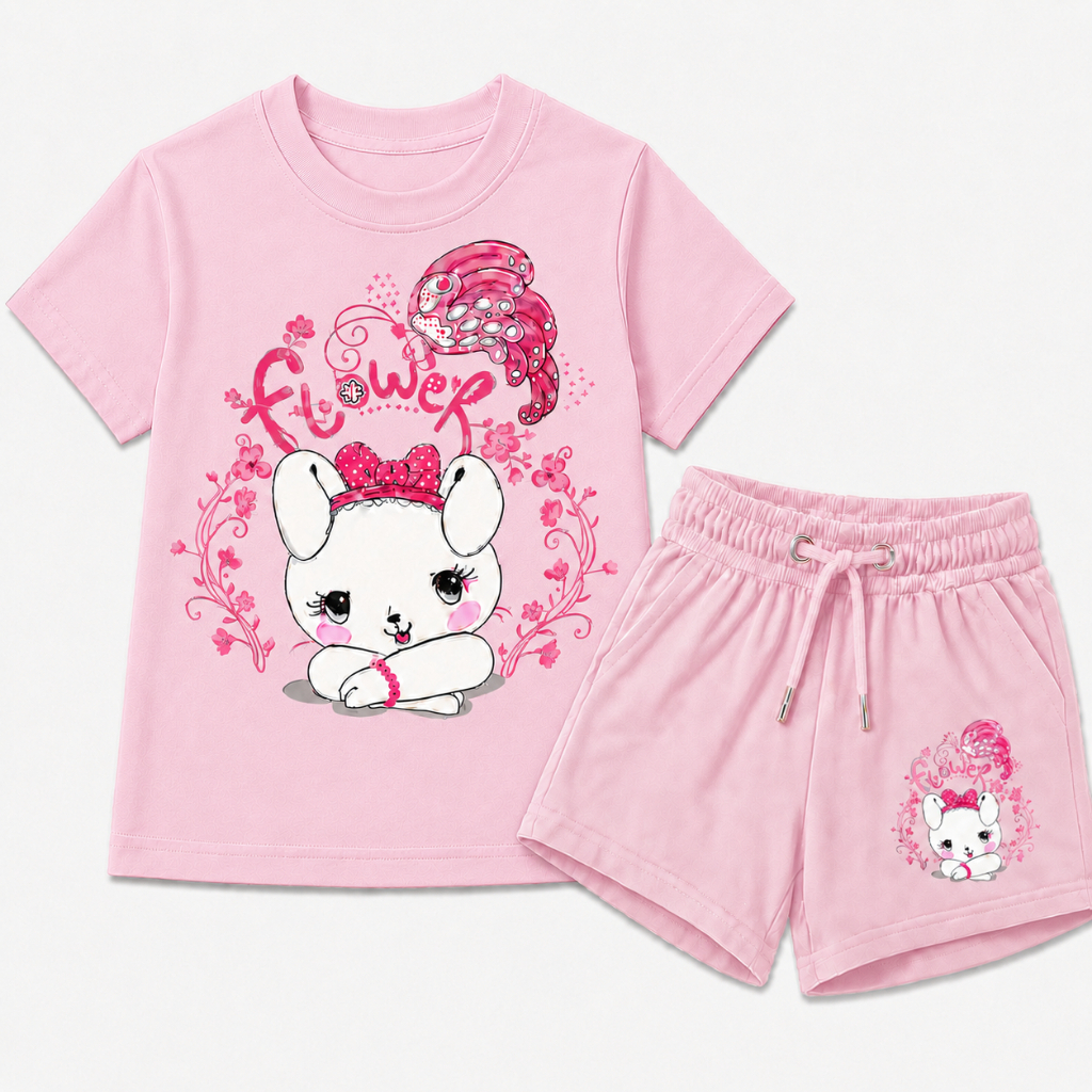 CONJUNTO INFANTIL FEMININO DE BERMUDA E CAMISETA COELHINHA FLOWER