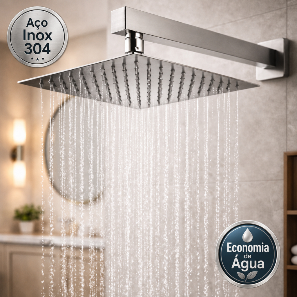 Ducha Chuveiro Articulado Aço Inox Quadrado 30x30 Ducha Fria a Gás Solar para Banheiro e Piscina