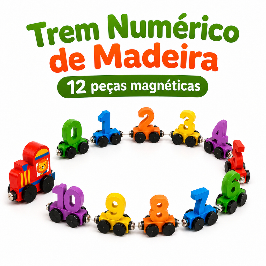 Trem Magnético de Madeira 12 Peças com Números de 0 a 10 Brinquedo Educativo Infantil +3 Anos