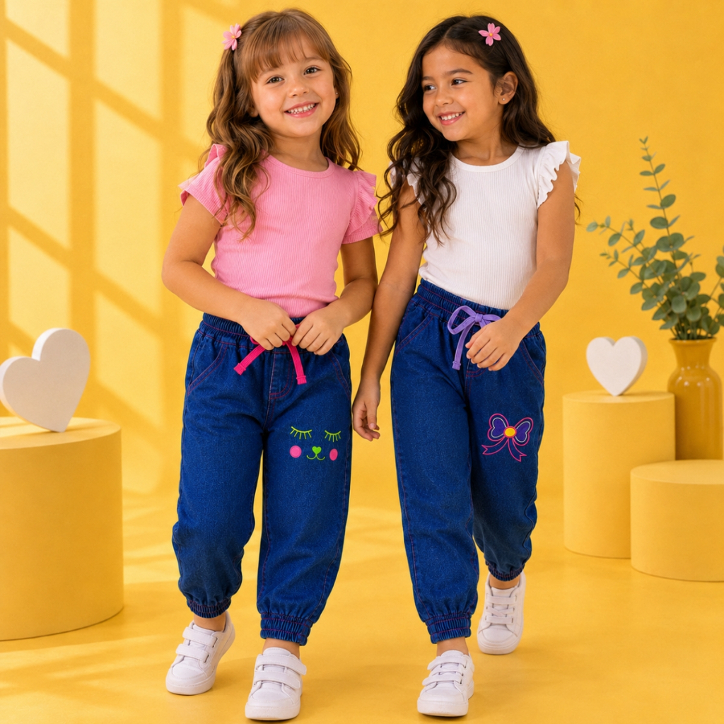Calça Jeans Jogger Infantil Feminina 1 a 6 Anos com Laço – Linda e Confortável