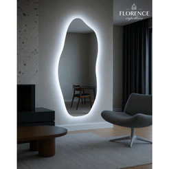 Espelho Orgânico 120X50 Lapidado Moderno Grande Form Flame Com Suporte Invisível Luxo Com LED