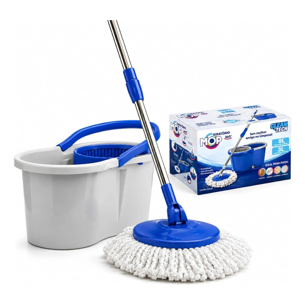 Mop Giratório 8 Litros Econômico Cesto Plástico Esfregão Microfibra Mop Centrifuga Clean Tech Balde 360