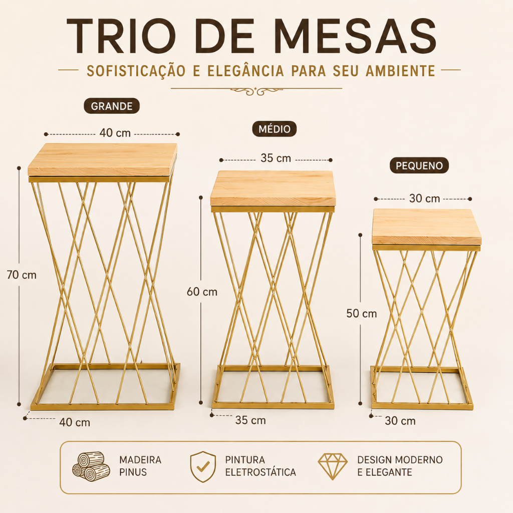 Trio de Mesas -Treliça Decorativas em Ferro e Madeira Pinus- Kit 3 Peças - Festa e Decoração