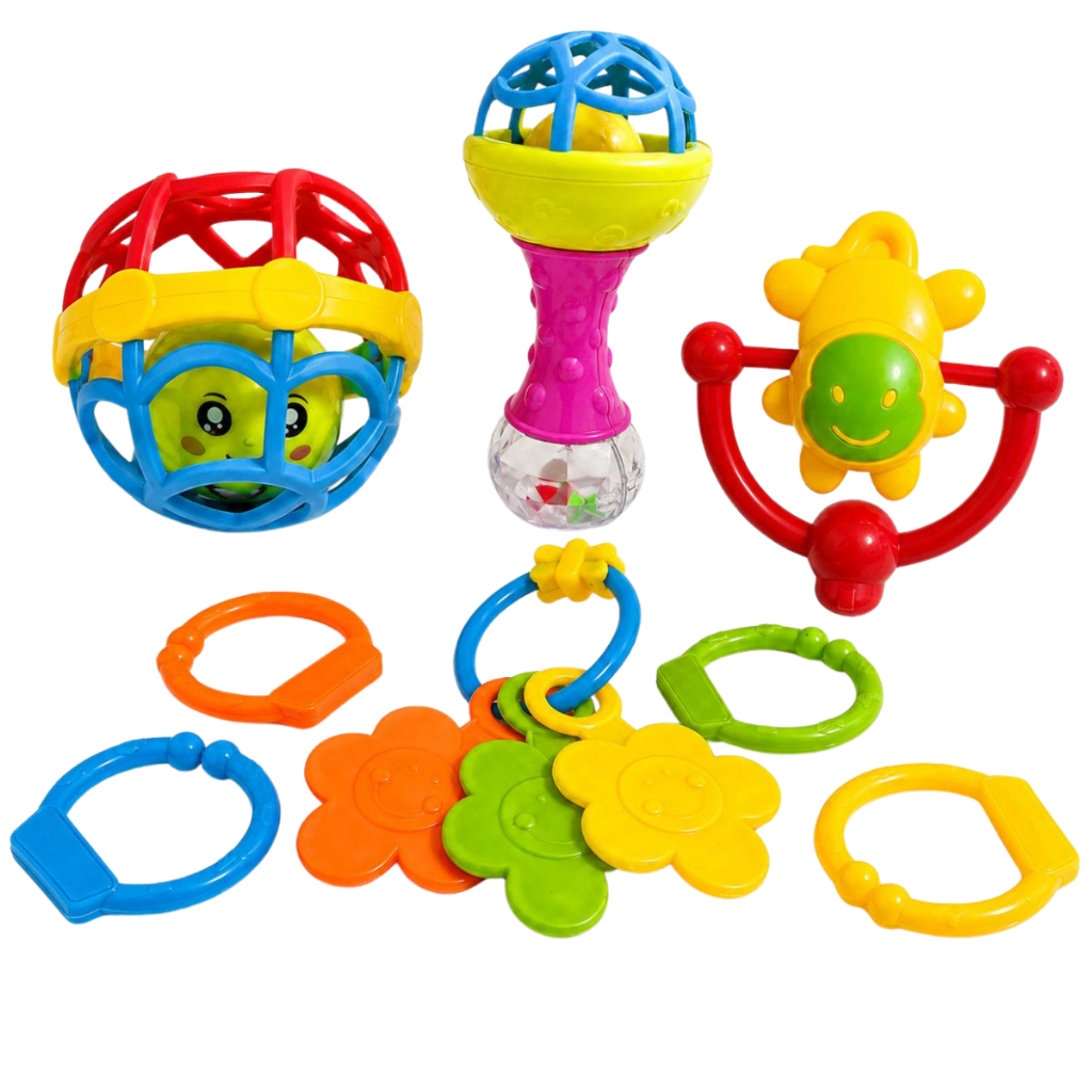 Kit Chocalho e Mordedor Bebê 8 Peças Coloridas Brinquedo Sensorial Infantil