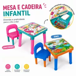 Mesinha Infantil De Atividades Mesa com Tampa Organizadora e Cadeira - Unicornio e Dino
