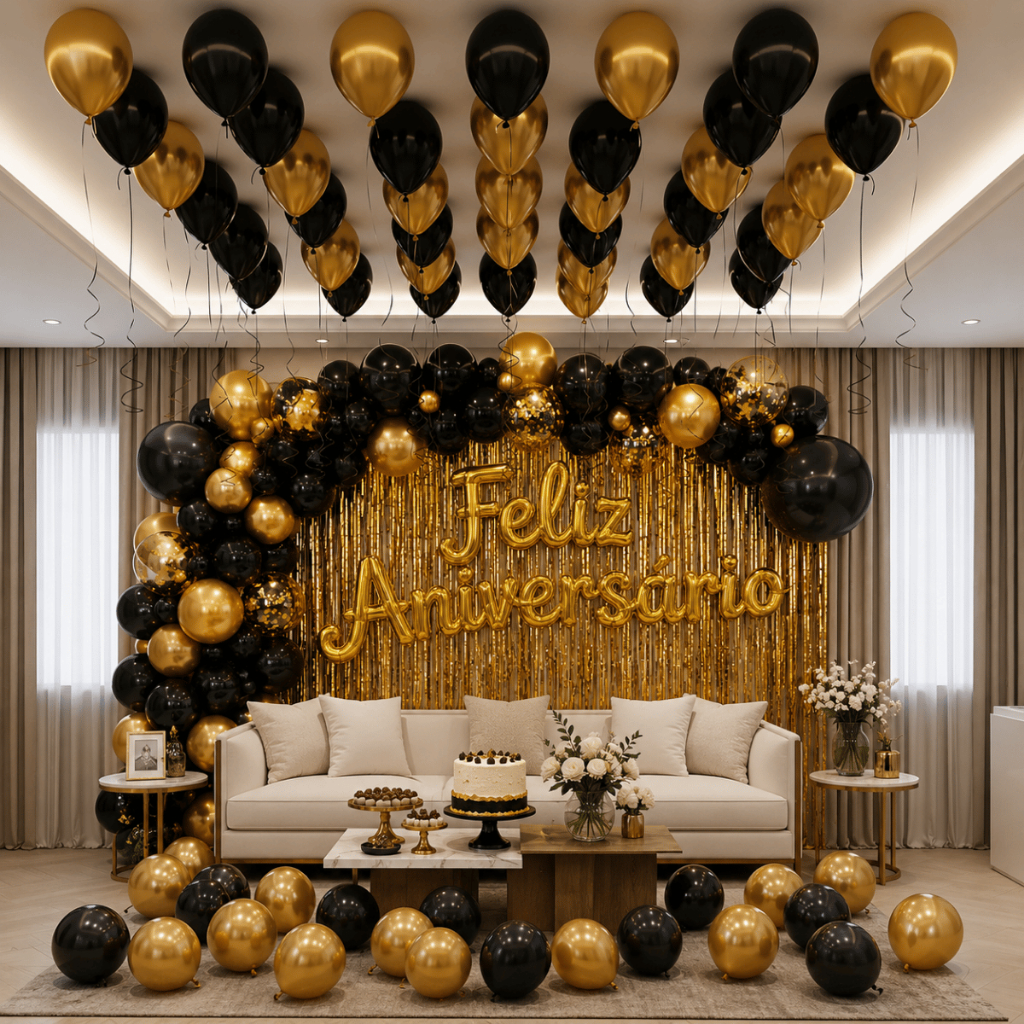 Kit Festa Aniversário 117 Peças Balões Preto e Dourado Cortina Metalizada Tema Elegante Feliz Aniversário