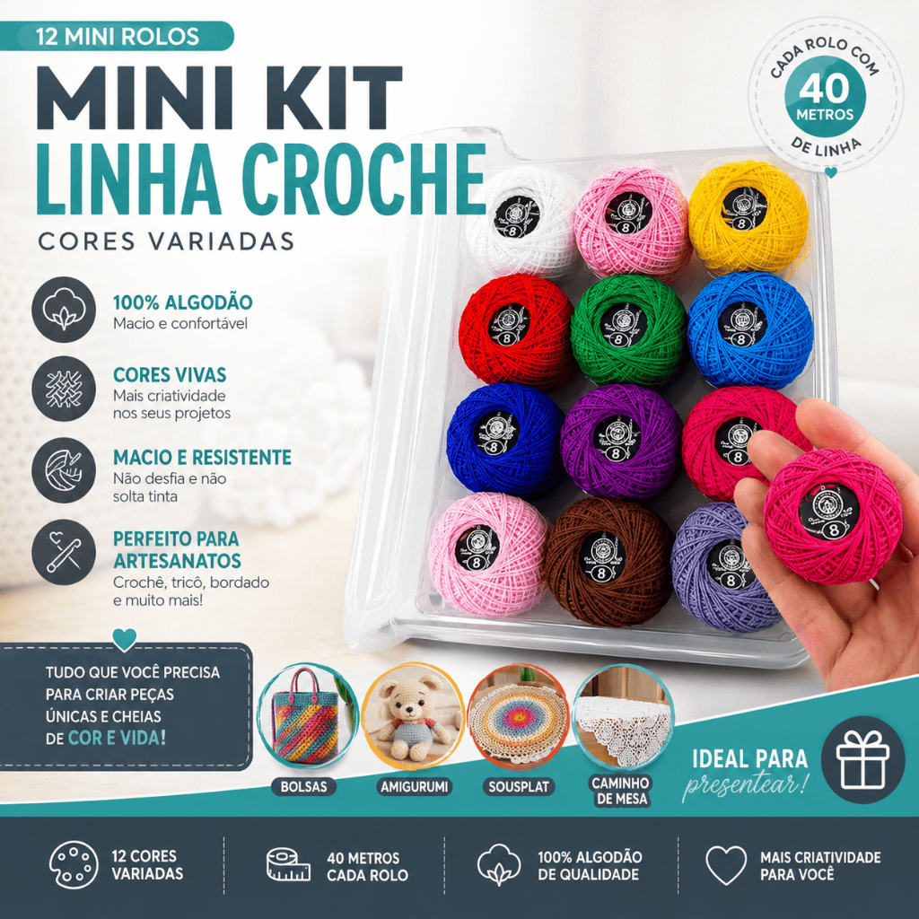 Kit 12 Linhas para Crochê 40 Metros 100% Algodão Cores Variadas Artesanato Tricô Bordado Costura -AV