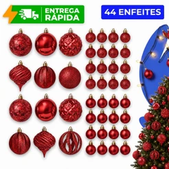 Kit 44 Bolas de Natal Premium Vermelhas 6cm e 3cm Enfeites Árvore Fosca Brilhante Glitter Sortidas